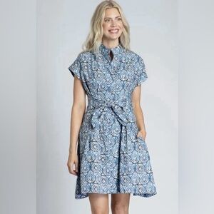Women’s Blue Geo Mock Neck Cotton Shirtdress Above Knee Casual Office Dress L